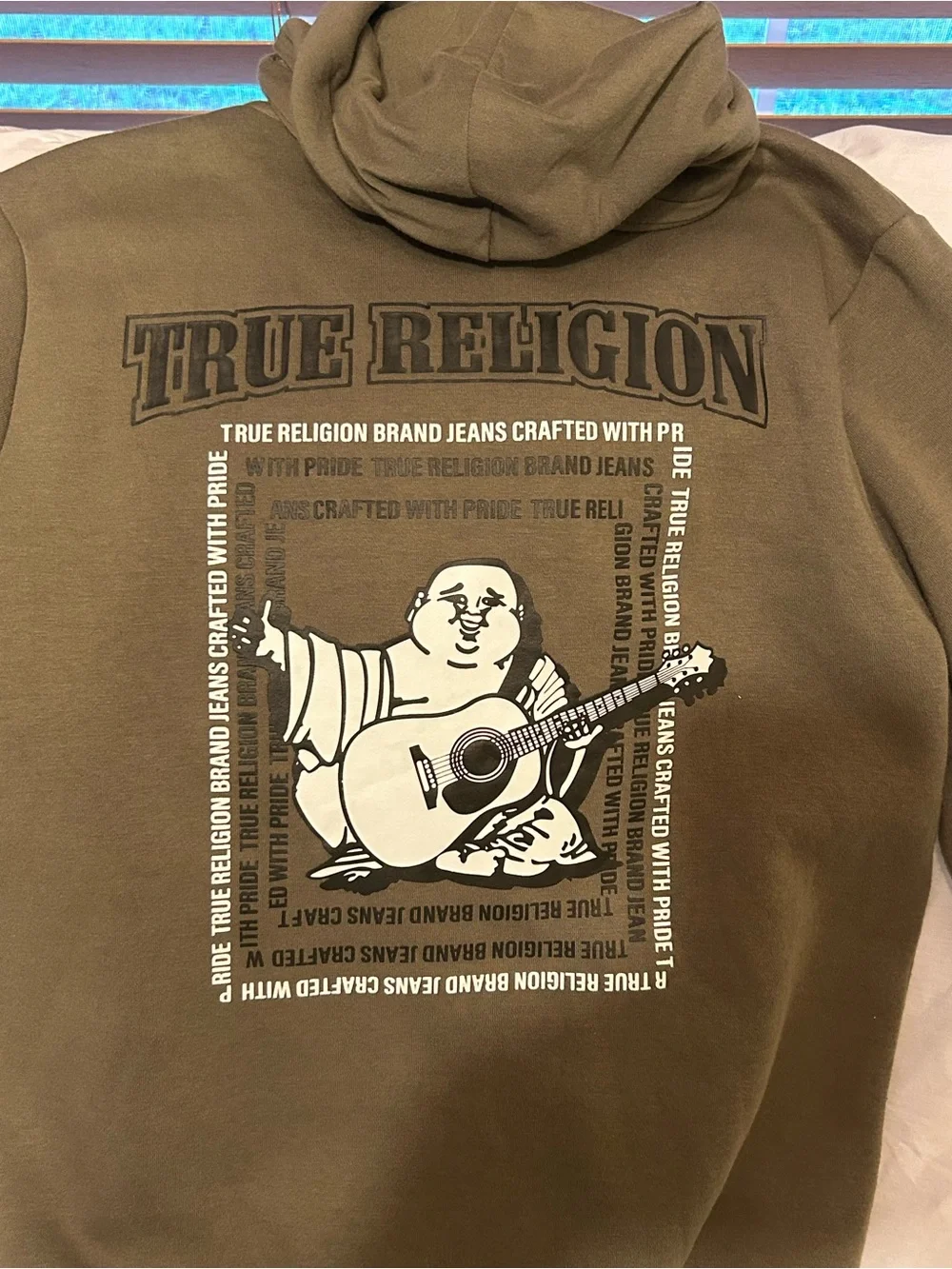 True Religion Men's Olive Zip-Up Hoodie with Subtle Chest Logo